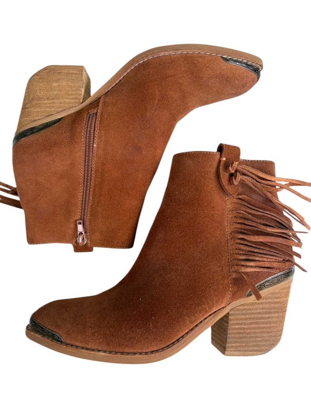 Overland Leather Estelle Fringed Ankle Boots Brown Size 7